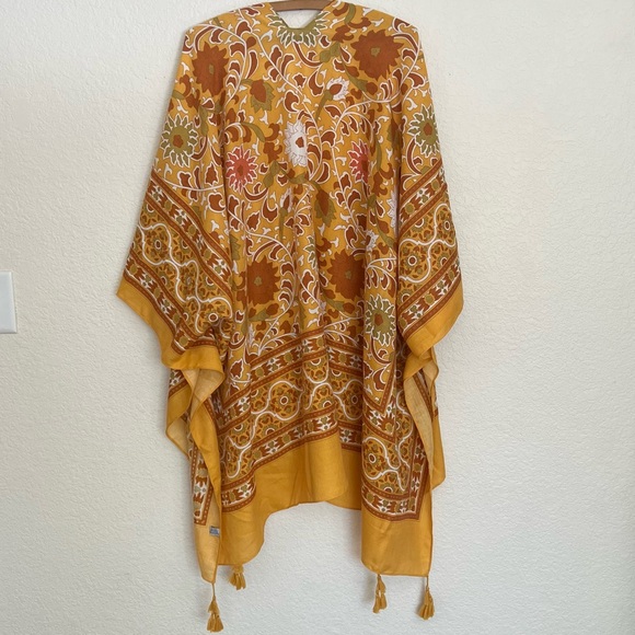 Women's Yellow Floral Pattern Moroccan Tassel Boho Kimono Cover Up One Size - Picture 4 of 5